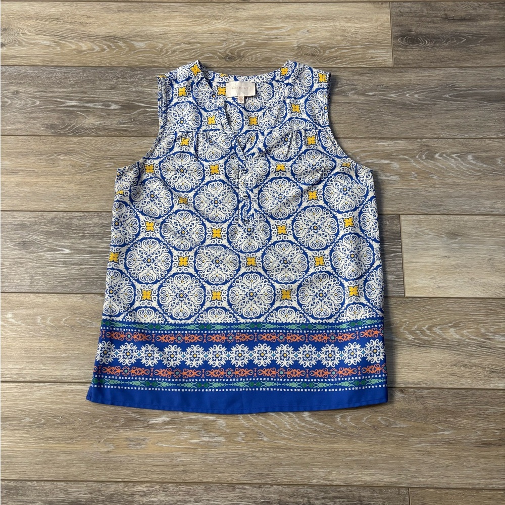 Skies Are Blue Anya Top Sz M Blue V-Neck Sleeveless Boho Mediterranean Blouse